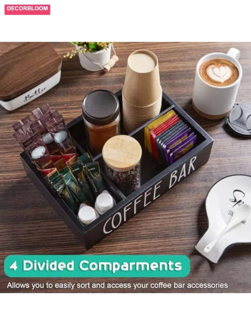 Wood Coffee Station Organizer with Removable Dividers - Farmhouse Countertop